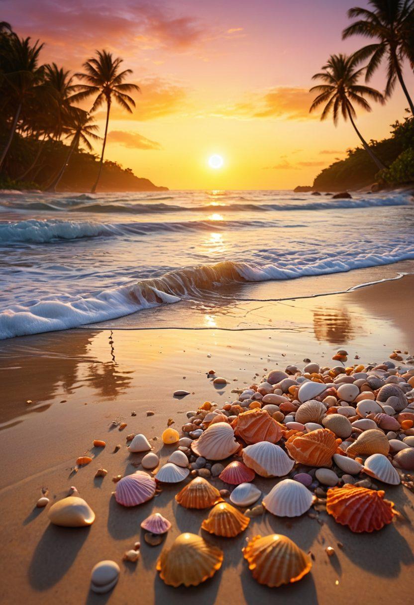 A breathtaking beach scene at sunrise, showcasing gentle waves lapping against golden sands, with a professional camera set on a tripod capturing the moment. Delicate seashells scattered across the foreground and palm trees swaying in the background enhance the tropical vibe. Include hints of vibrant colors in the sky reflecting off the water. super-realistic. vibrant colors. 3D.