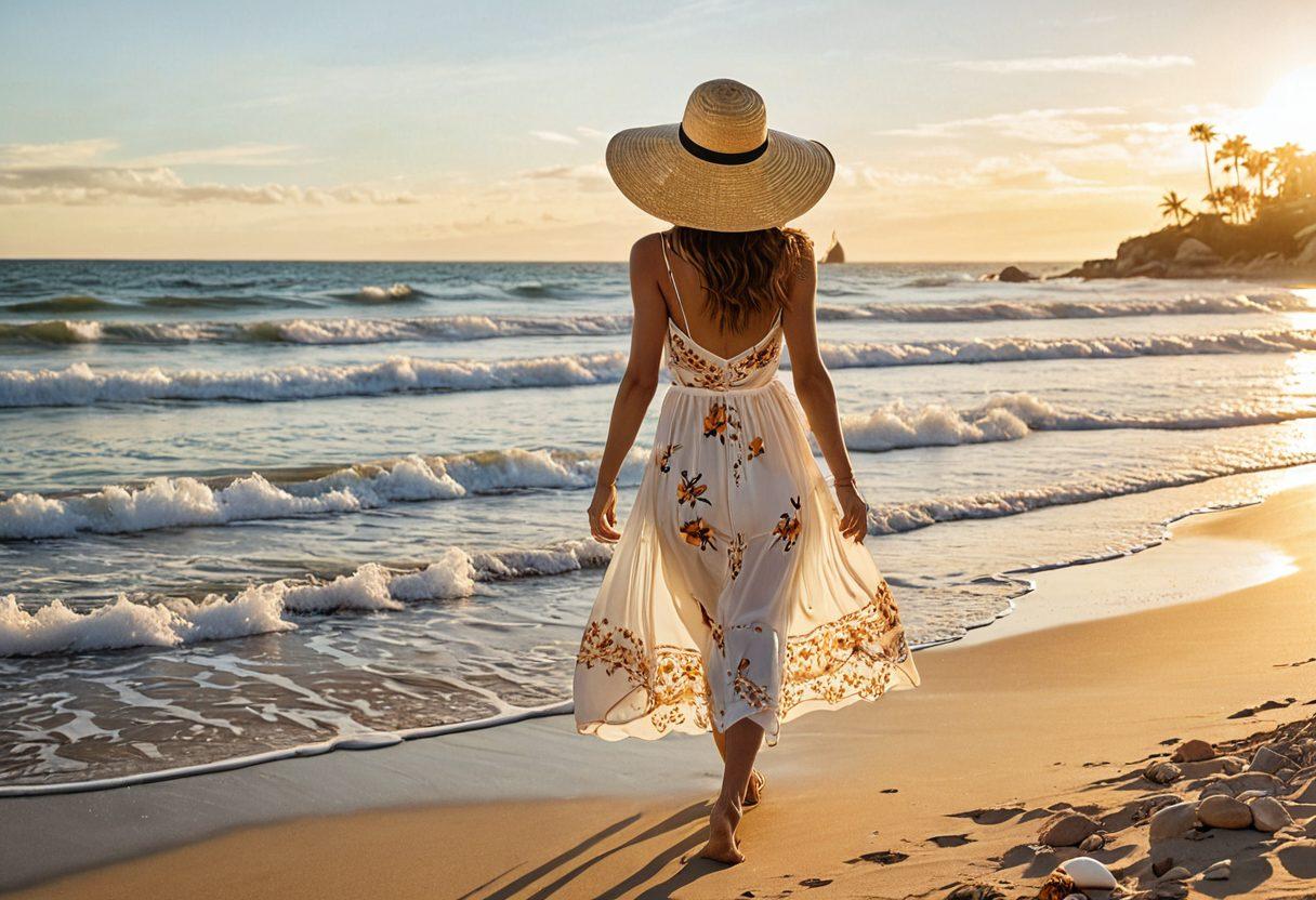 A chic beach scene featuring a fashionable woman in a sunhat and flowy dress, strolling along a pristine shoreline with rolling waves. The setting sun casts a golden glow, illuminating seashells and beach accessories around her. Incorporate stylish beach umbrellas and palm trees in the background to enhance the seaside vibe. Bright and airy atmosphere to evoke a sense of elegance and relaxation. vibrant colors. super-realistic.